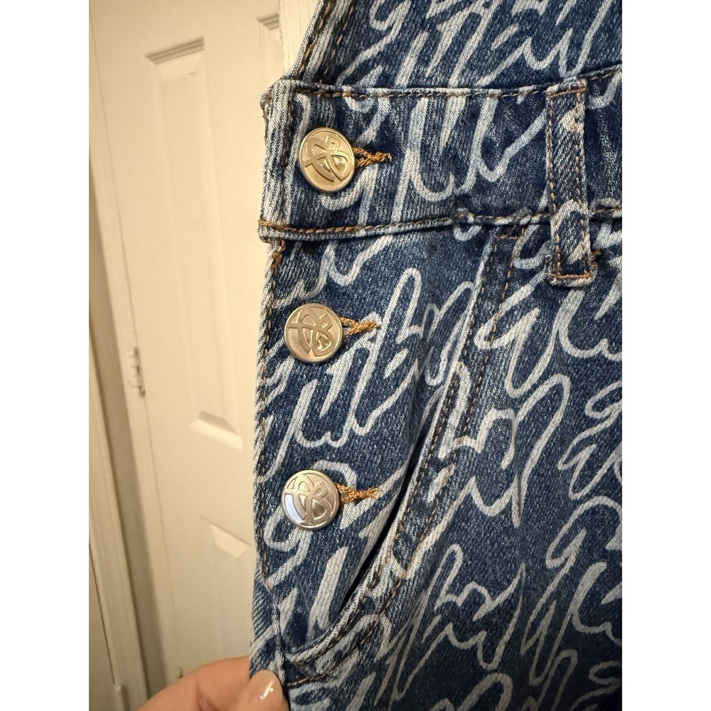 Fubu x Forever 21 Denim Overalls All Over Print 05 Orange Straps Y2K Women Sz S - Picture 4 of 16
